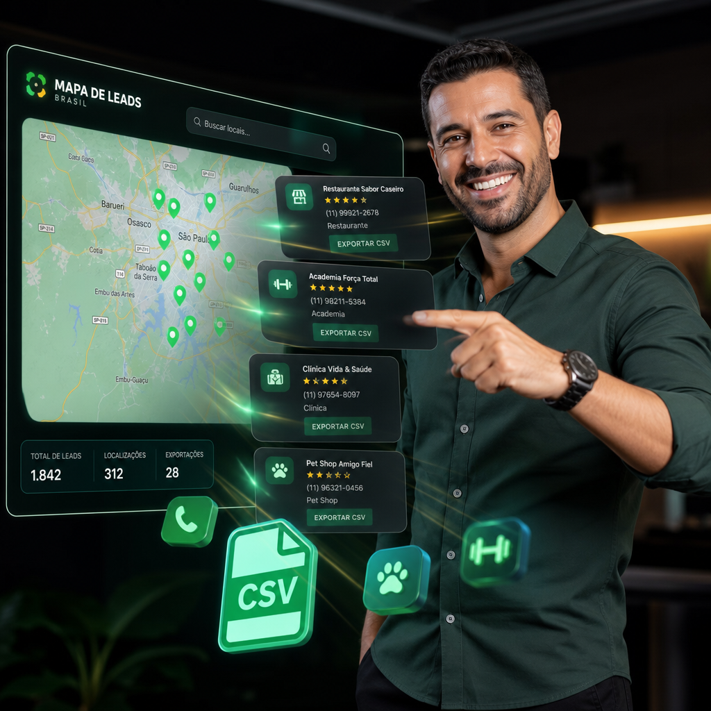 Empresário utilizando o Leads Mapa para encontrar novas oportunidades de clientes na tela